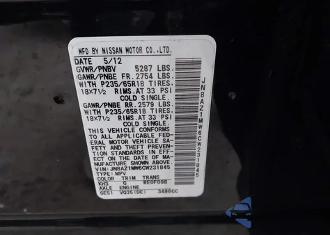 2012 Nissan Murano Sv z USA, uszkodzony, nr VIN JN8AZ1MW6CW231845